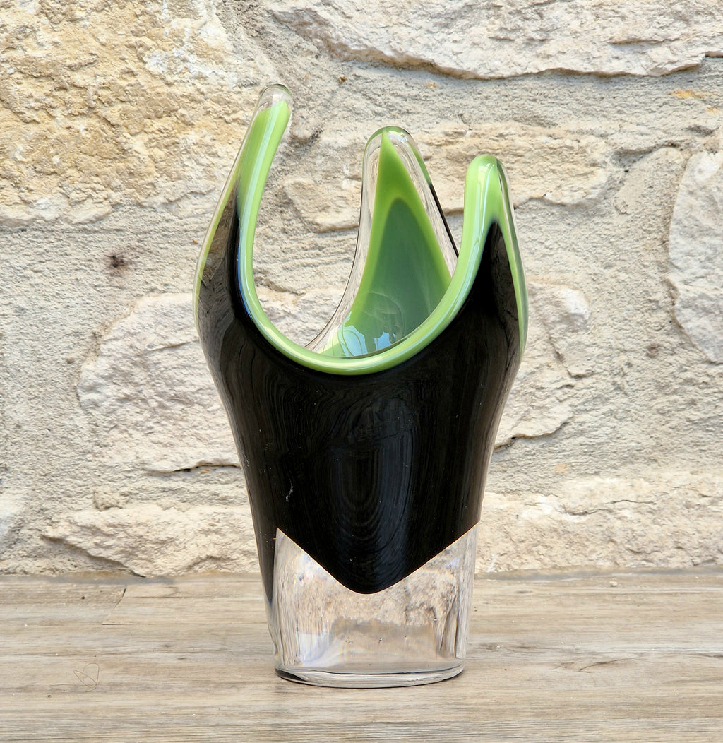 Reijmyre Harlequin Vase Black & Green Signed Paul Kedelv Art Glass, 1958