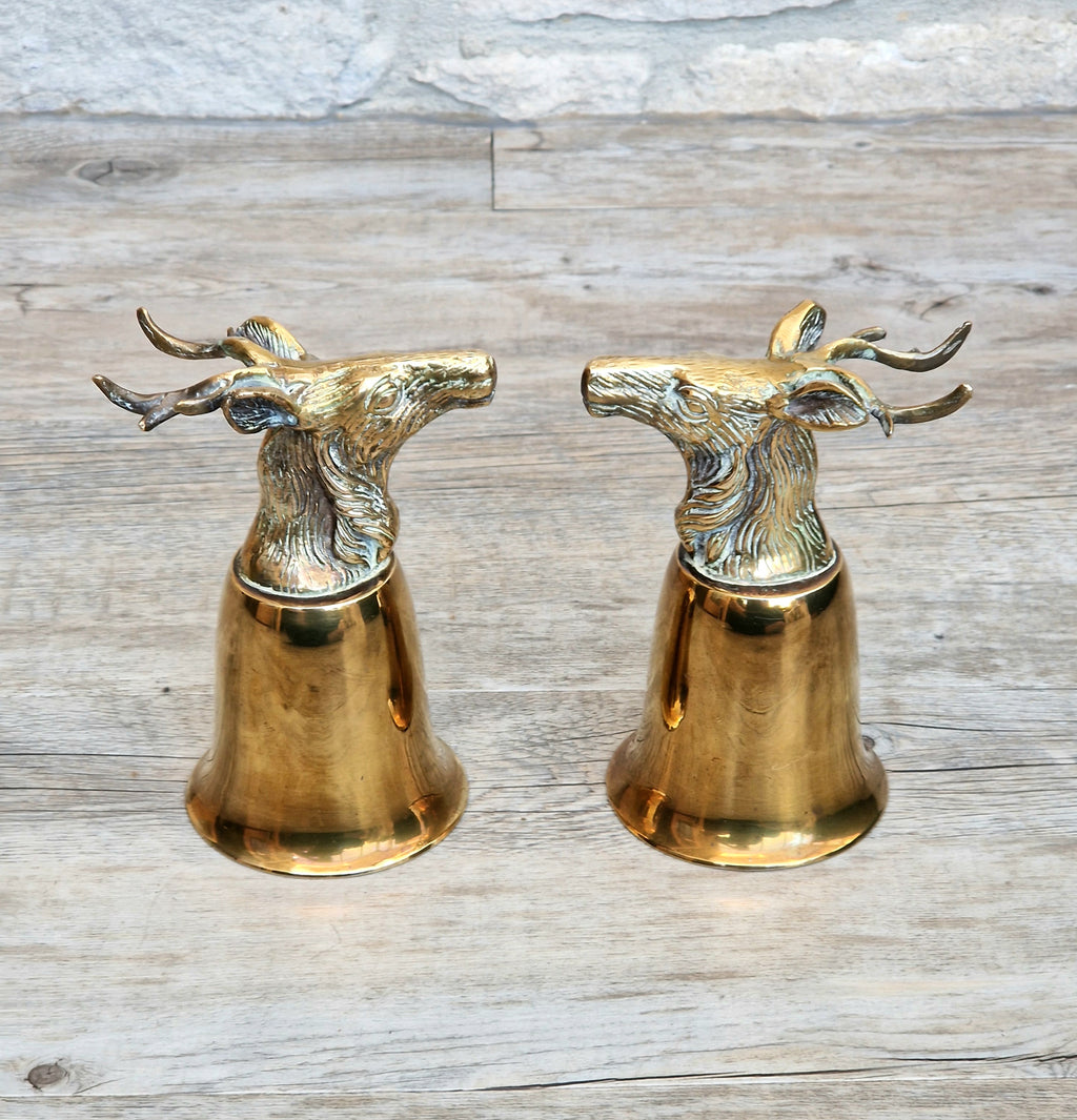 Pair Vintage Brass Stag Stirrup Cups Silver Plated Interiors Naturally Patinated Hunting Barware 1970s