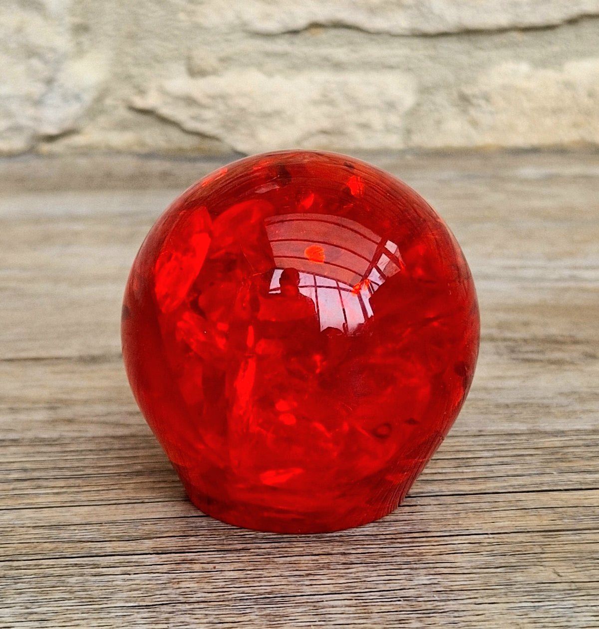 Vintage 1960s Shattaline Resin Orb Paperweight Bright Red Fractured Ice Mid Century Desk Ornament