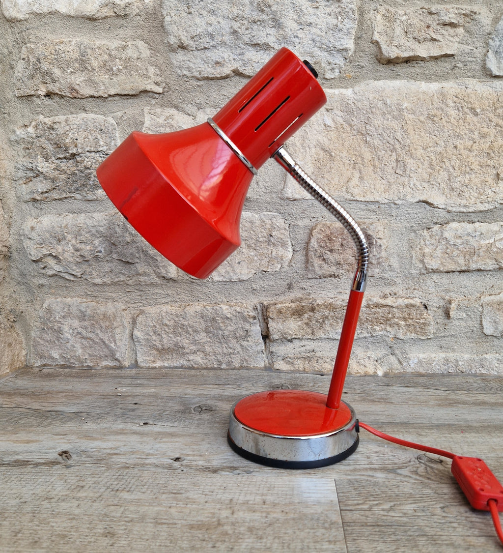 1980s Cherry Red Desk Lamp: Mid Century Space Age Flexible Lamp