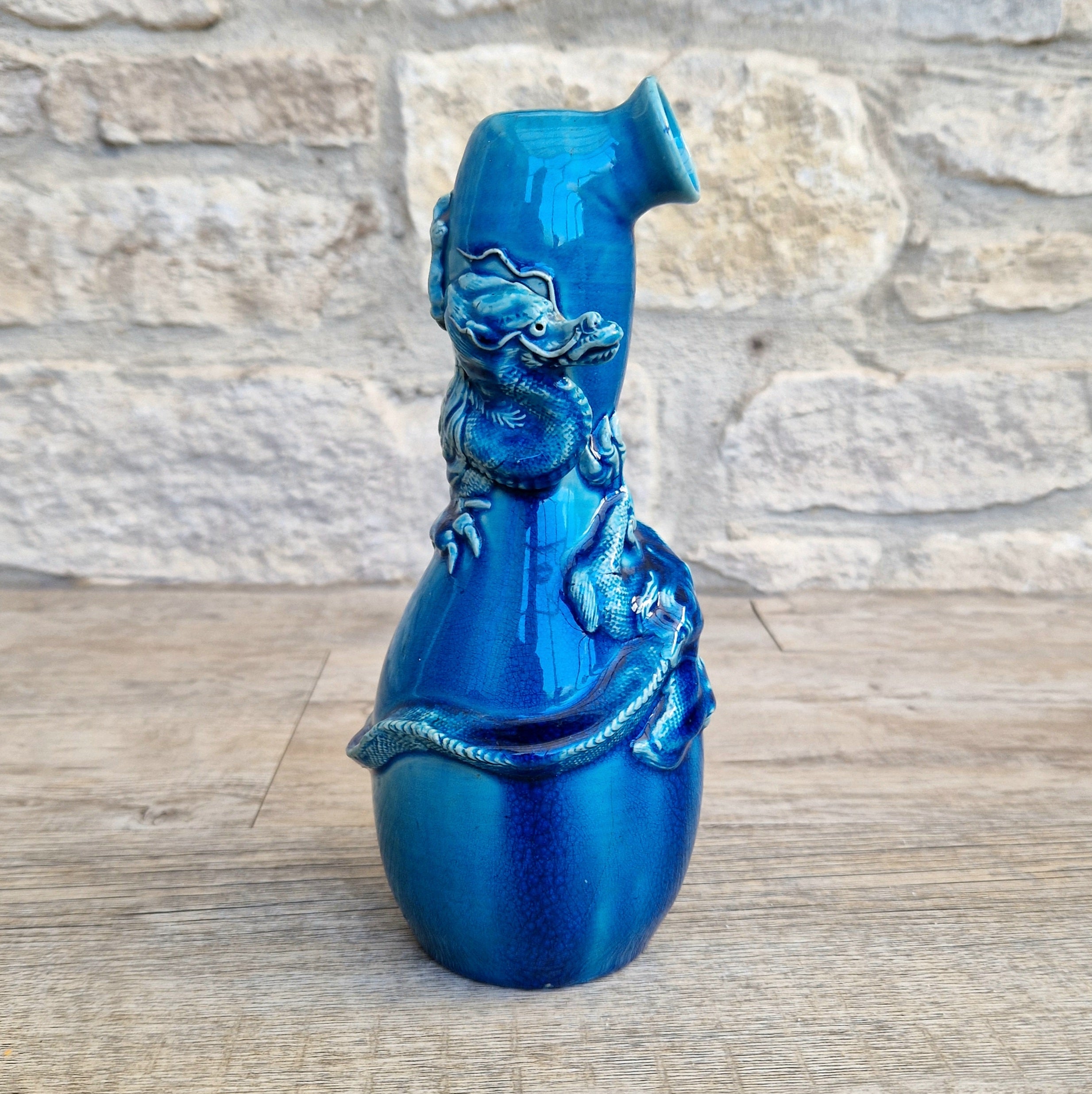 Antique Japanese Awaji Meiji Period Turquoise Pottery Dragon Bottle Vase