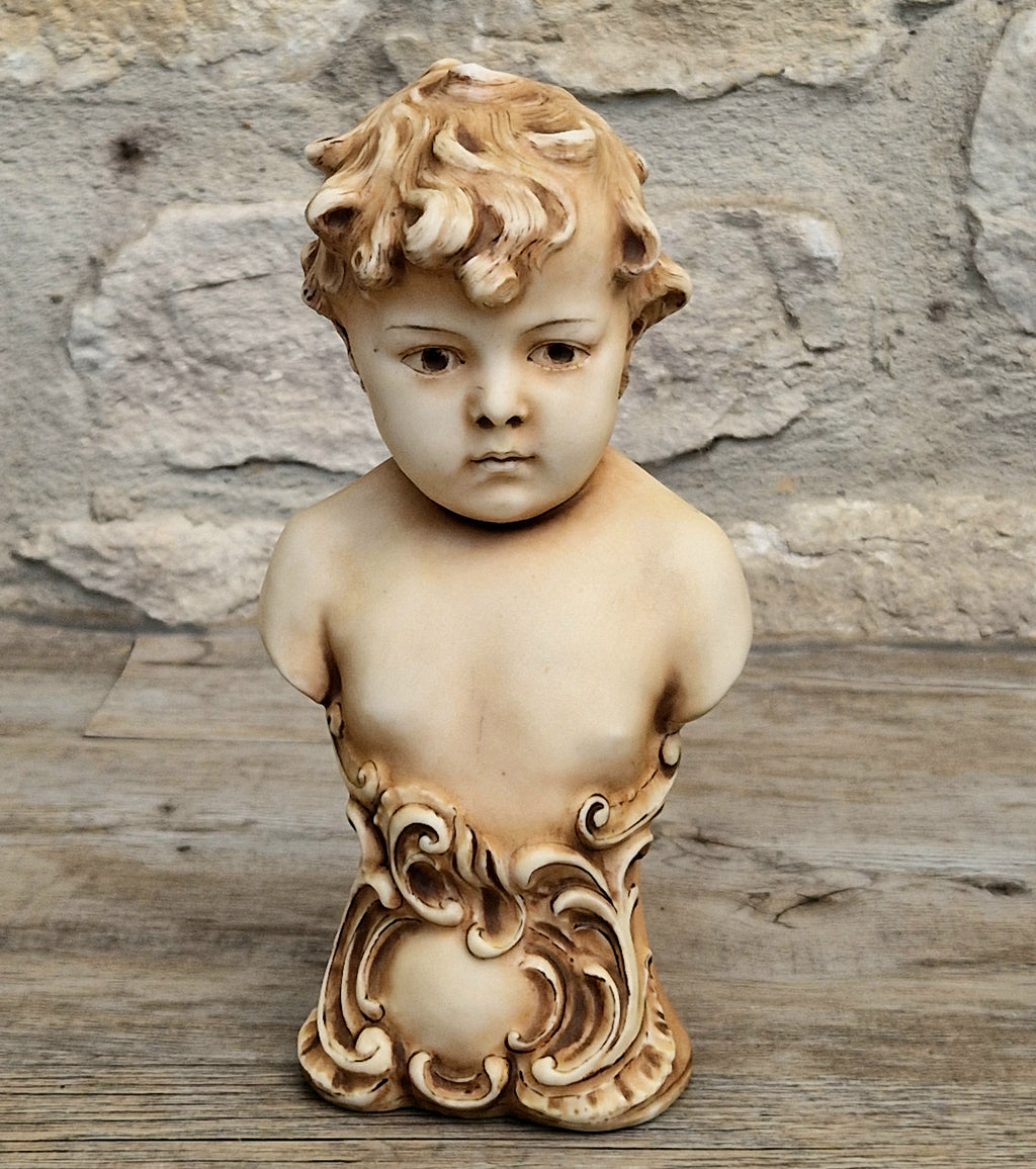 Antique NeoClassical Continental Patinated Bisque Porcelain Putti Boy Bust Figure Ornament