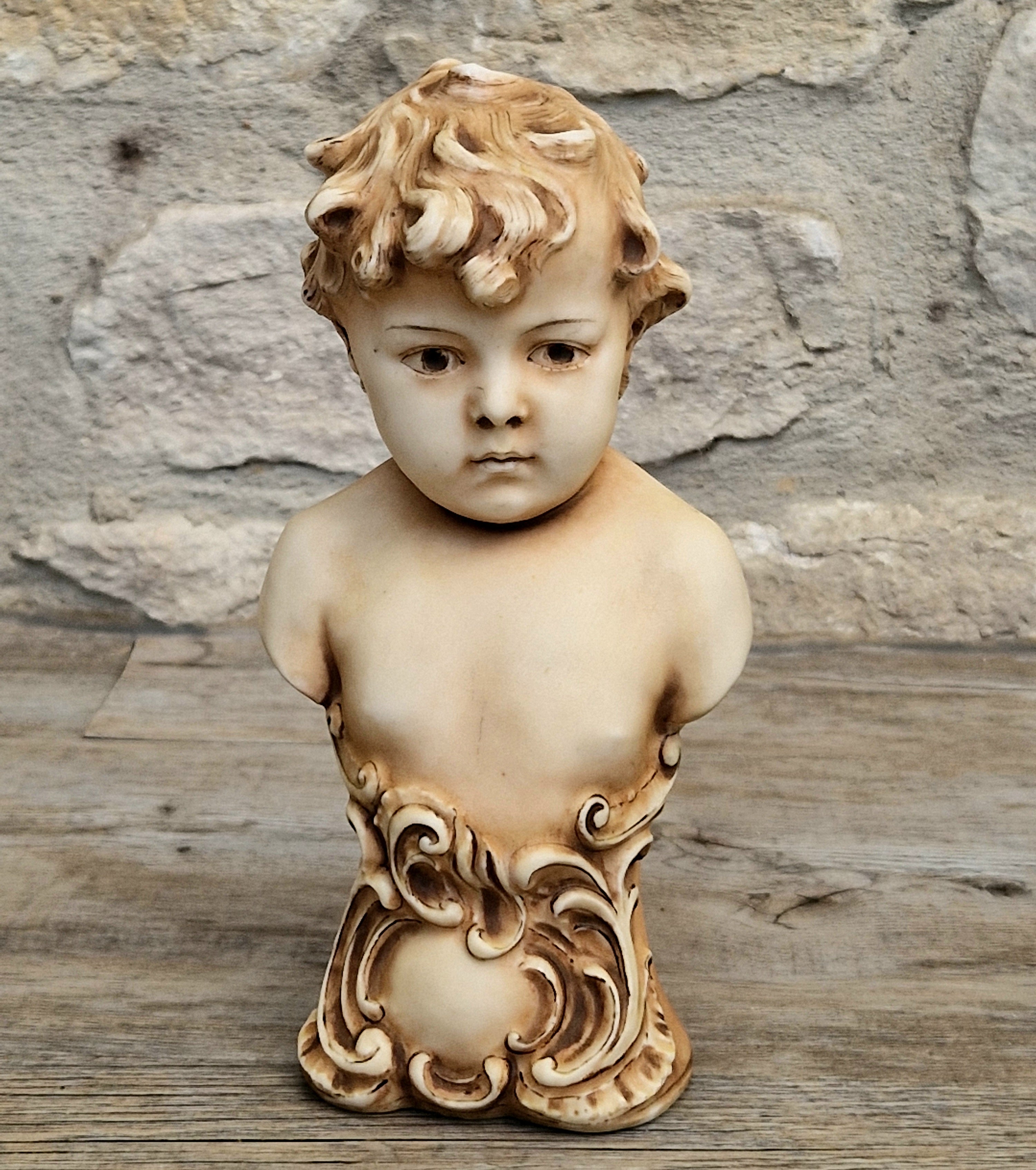 Antique NeoClassical Continental Patinated Bisque Porcelain Putti Boy Bust Figure Ornament