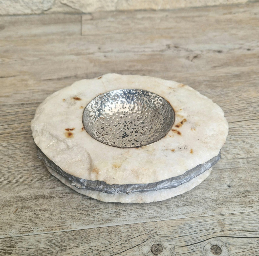Alabaster & White Metal Vide Poche Catch-All Bowl Handmade Vintage