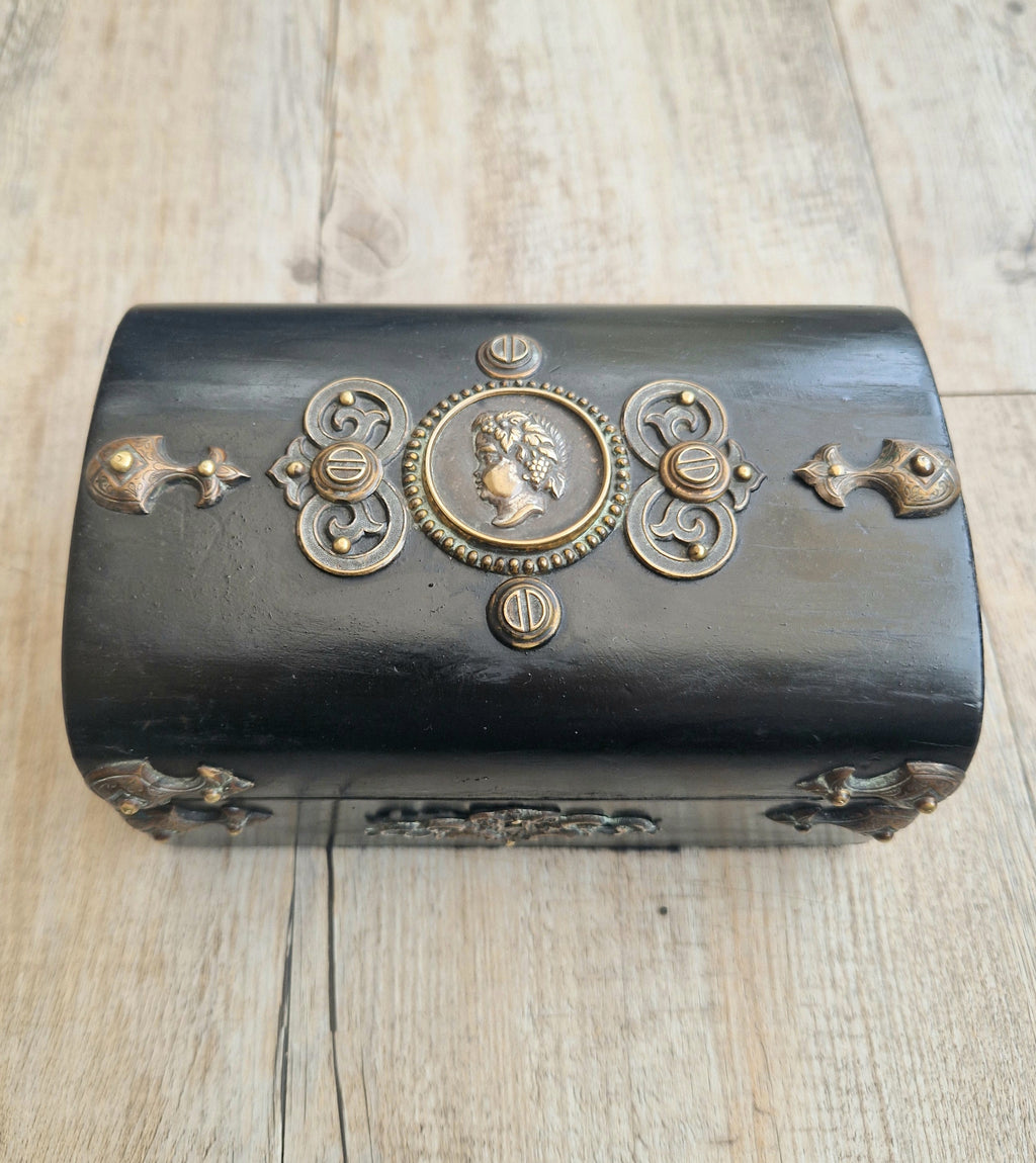Antique Napoleon 111 Ebonised Neo-Classical Bronze Cameo Dome Top Trinket Jewellery Casket c.1852-1870