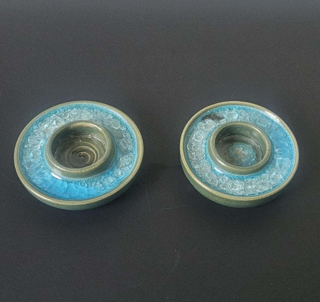 Handmade Pair of Turquoise Green Pottery Tea Light Candle Holders Crackle Glass Studio Pottery Unusual
