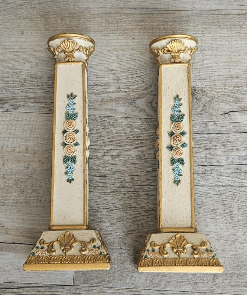 Ornate Vintage Pair Of Candlesticks Pedestal Column Resin Cream Gold Floral  9" Tall
