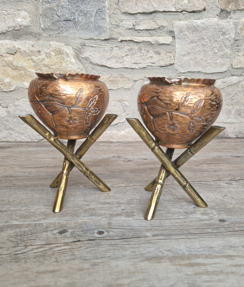 Pair of Antique Japanese Aesthetic Movement Arts & Crafts Copper And Brass Faux Bois Jardinieres