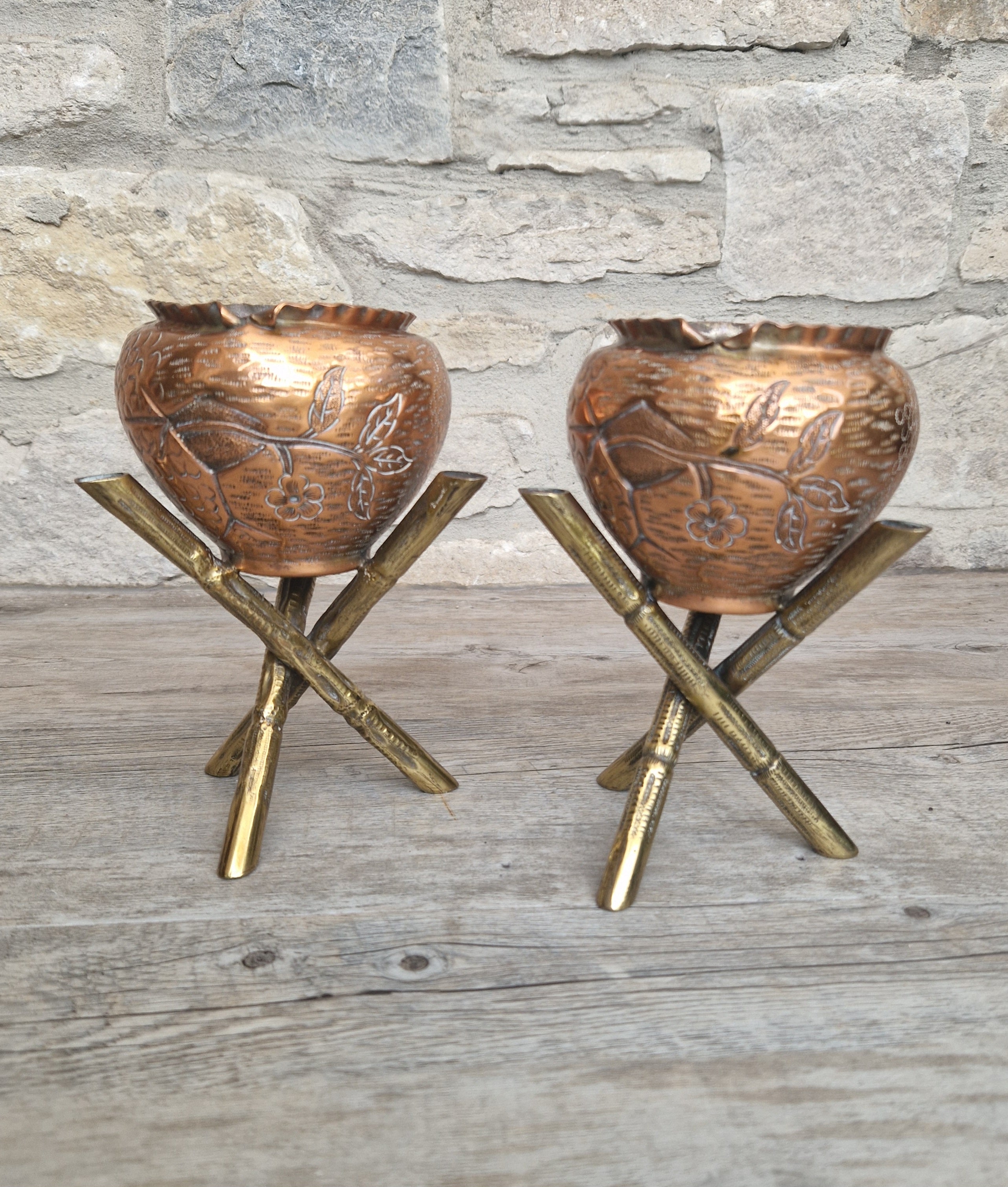 Pair of Antique Japanese Aesthetic Movement Arts & Crafts Copper And Brass Faux Bois Jardinieres