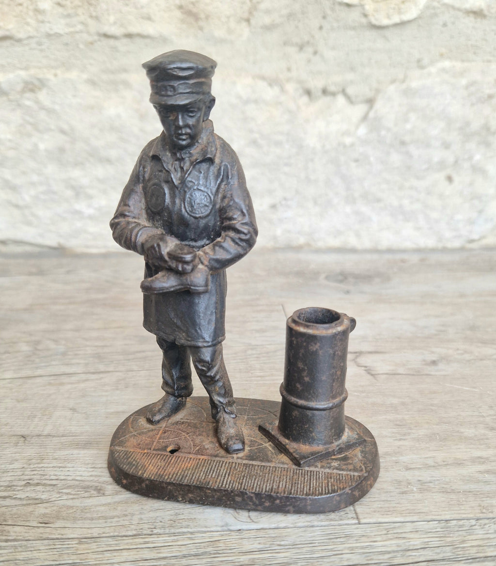 Rare Antique E.G. Zimmermann Hanau Cast Iron Shoeshine Boy Figural Table Match Holder & Striker