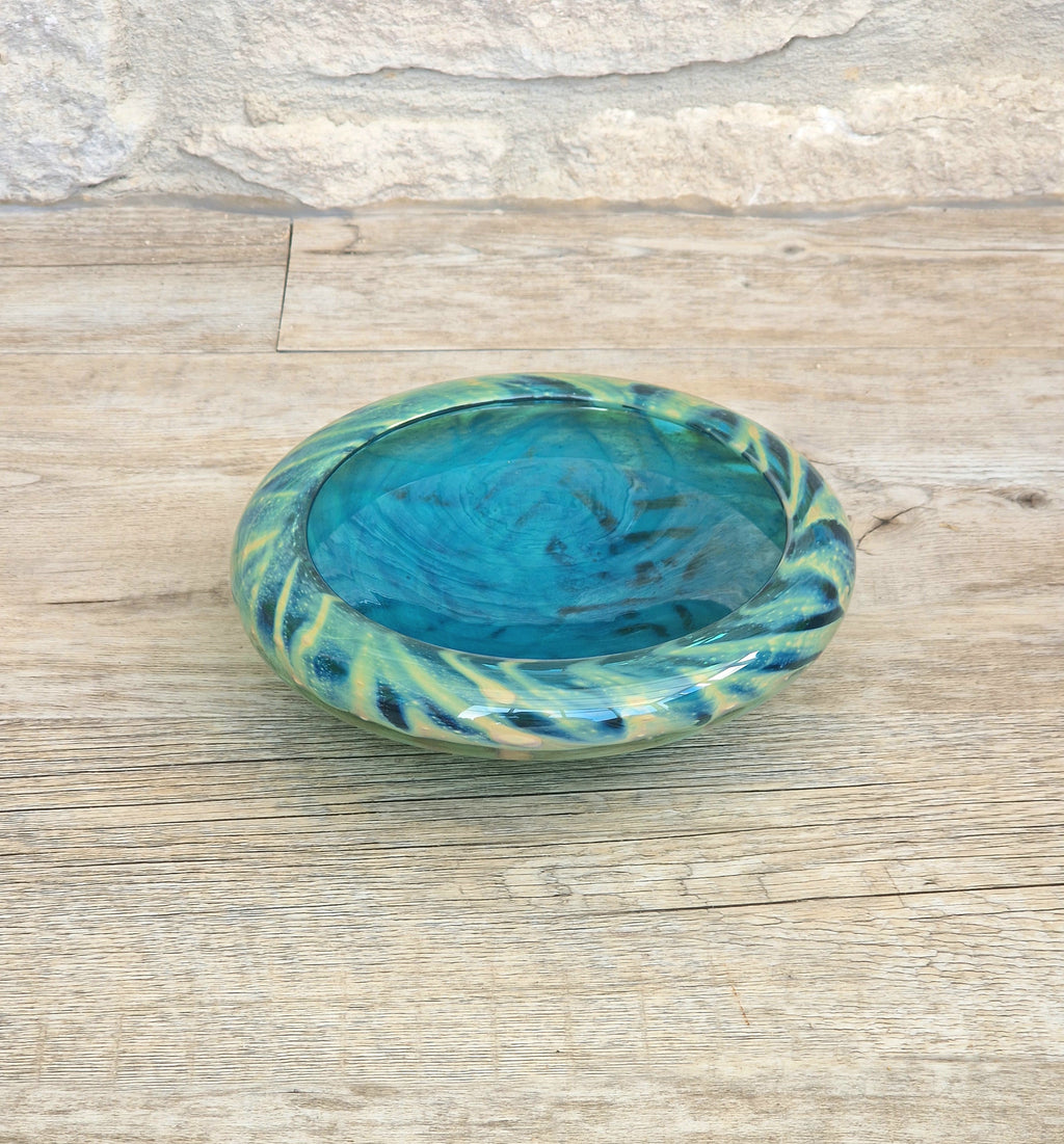 Mdina Glass Green Whirlpool Bowl Vintage 1970s Michael Harris Art Glass Malta