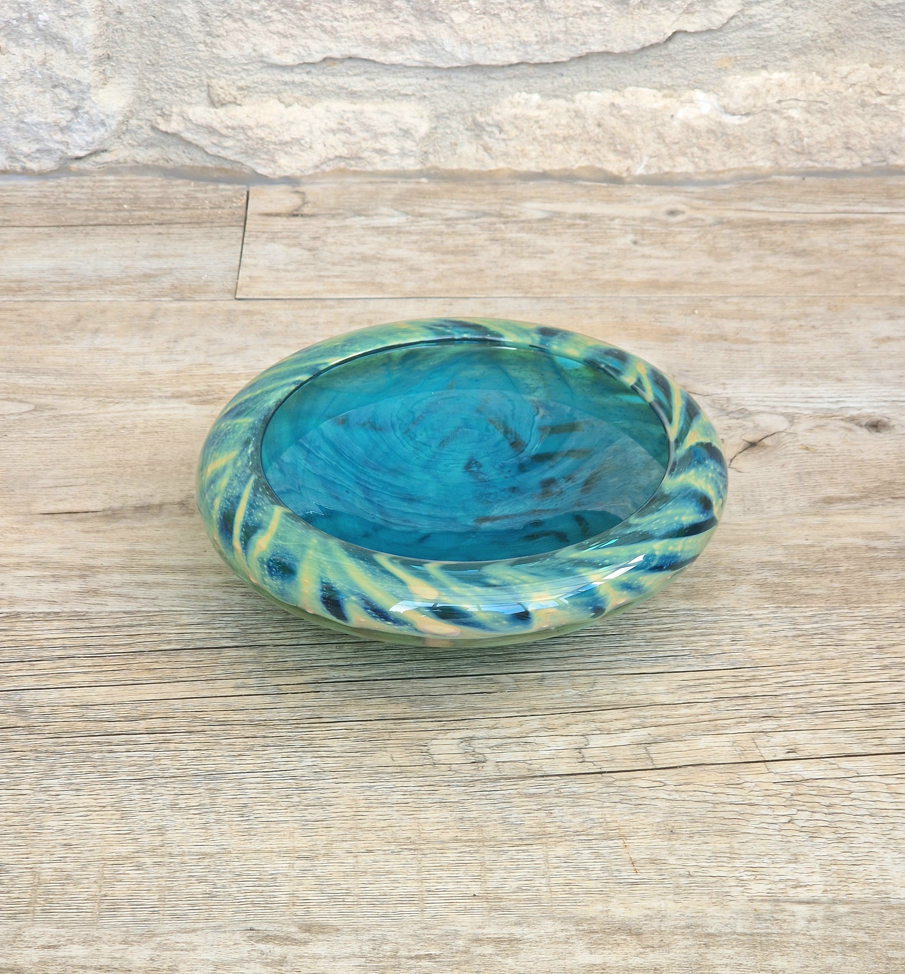 Mdina Glass Green Whirlpool Bowl Vintage 1970s Michael Harris Art Glass Malta