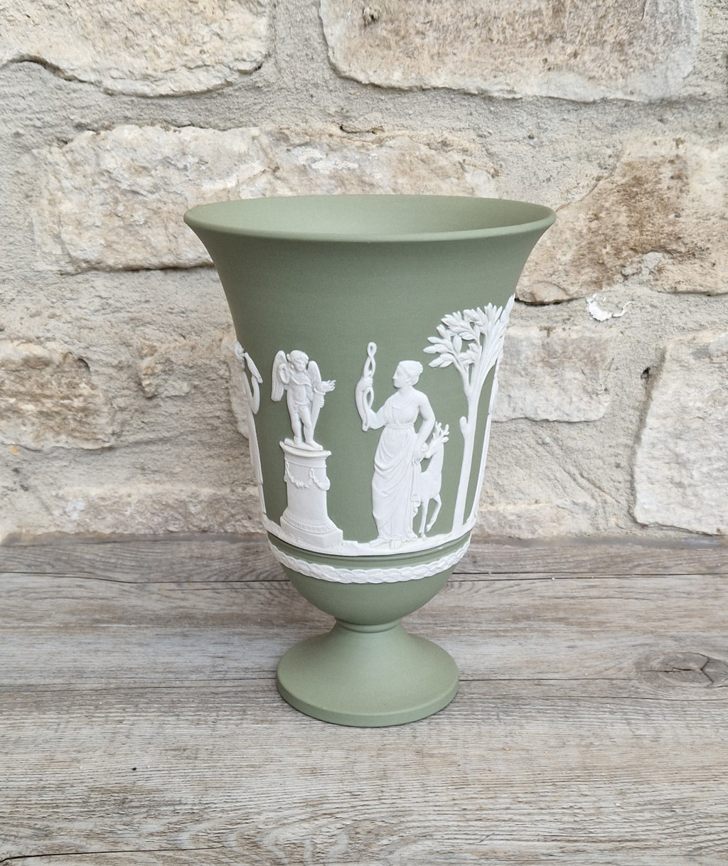 Wedgwood Sage Green Jasperware Arcadian Pedestal Trumpet Mantle Vase - Vintage.Made in England 17cm Tall