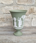 Wedgwood Sage Green Jasperware Arcadian Pedestal Trumpet Mantle Vase - Vintage.Made in England 17cm Tall
