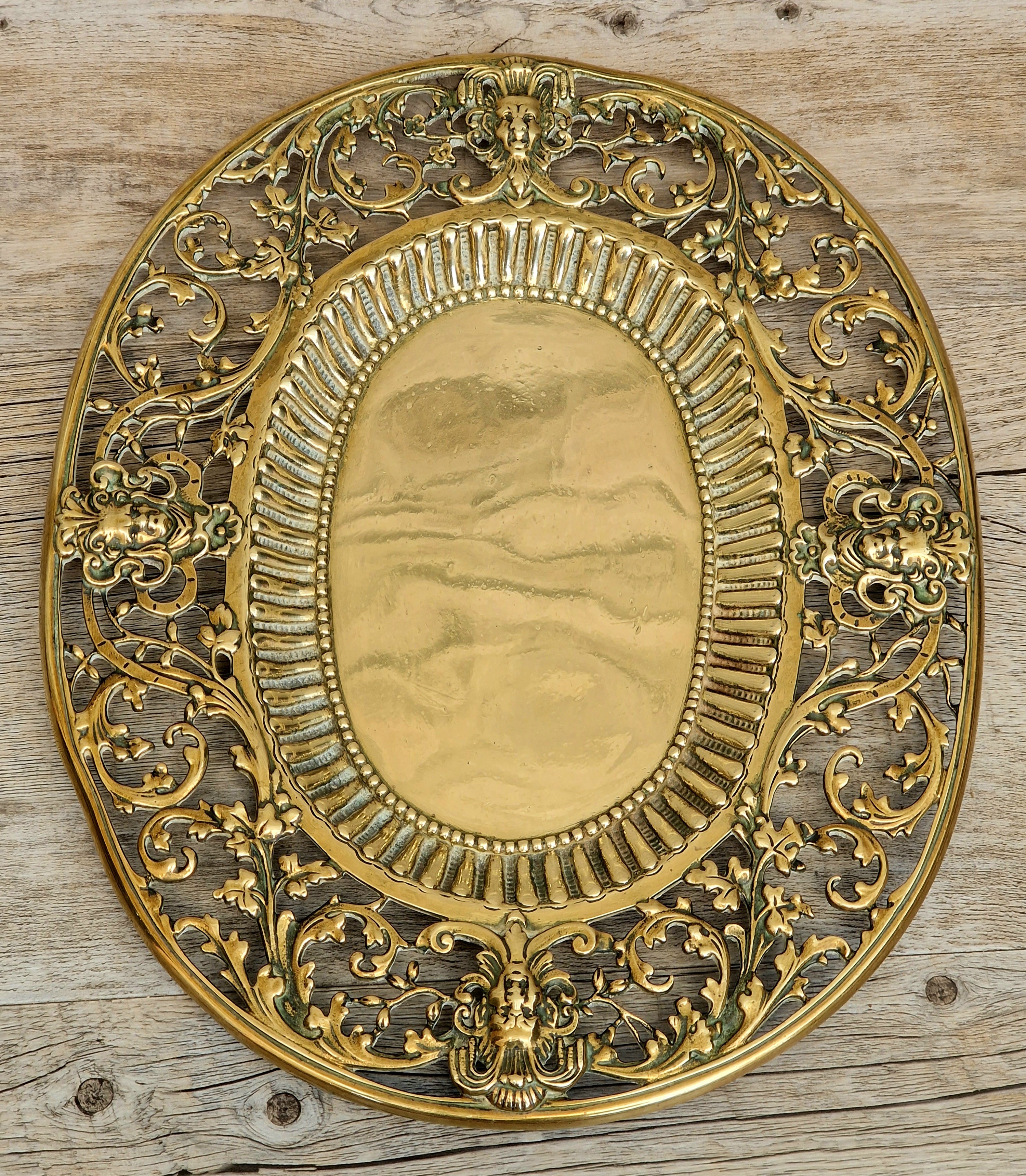 Antique 19thC Baroque Cast Brass Architectural Mount Appliqué Ornate Mascaron Filigree Vanity Card Tray Plate Hand-Tooled Pattern 1018