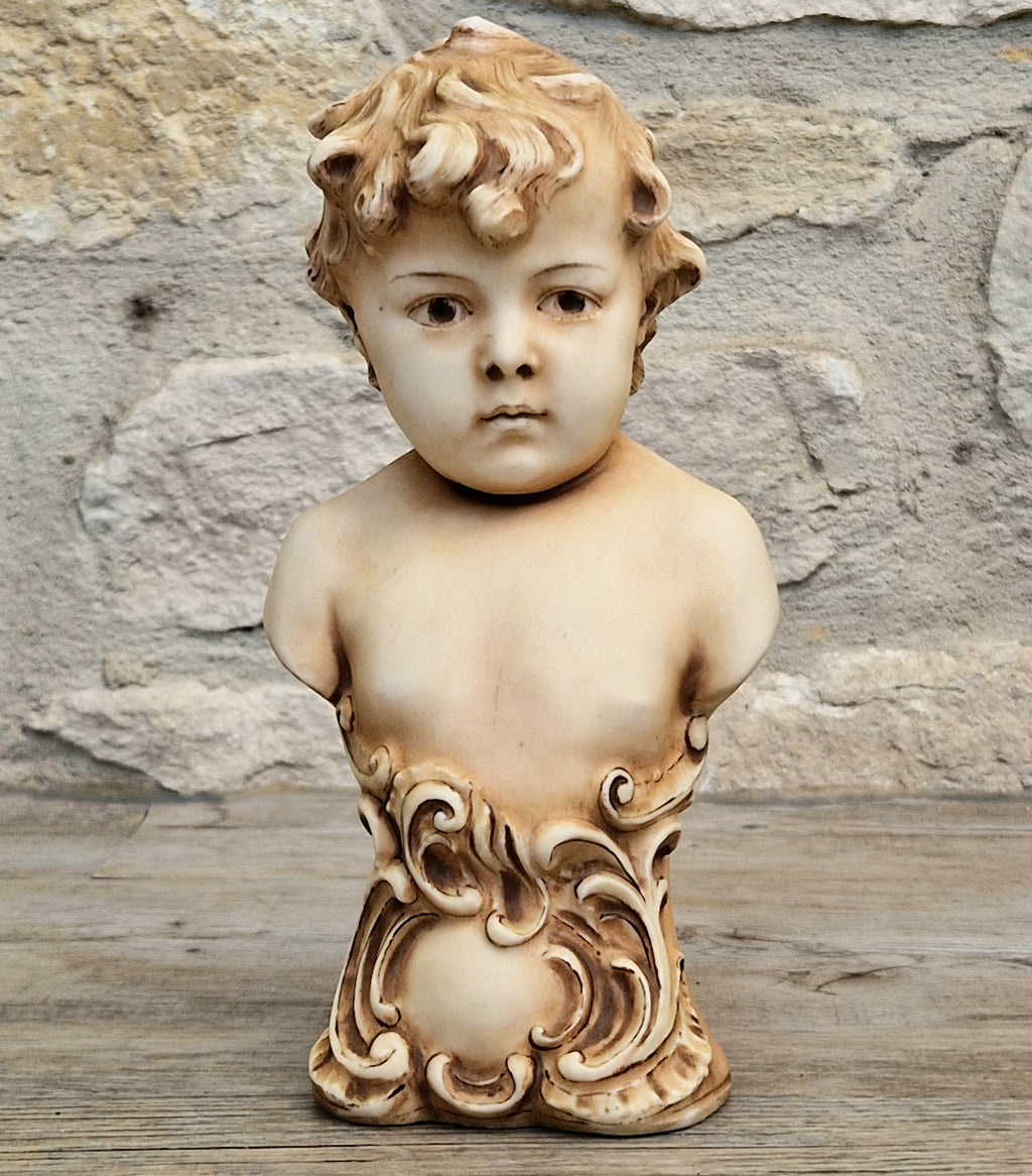 Antique NeoClassical Continental Patinated Bisque Porcelain Putti Boy Bust Figure Ornament