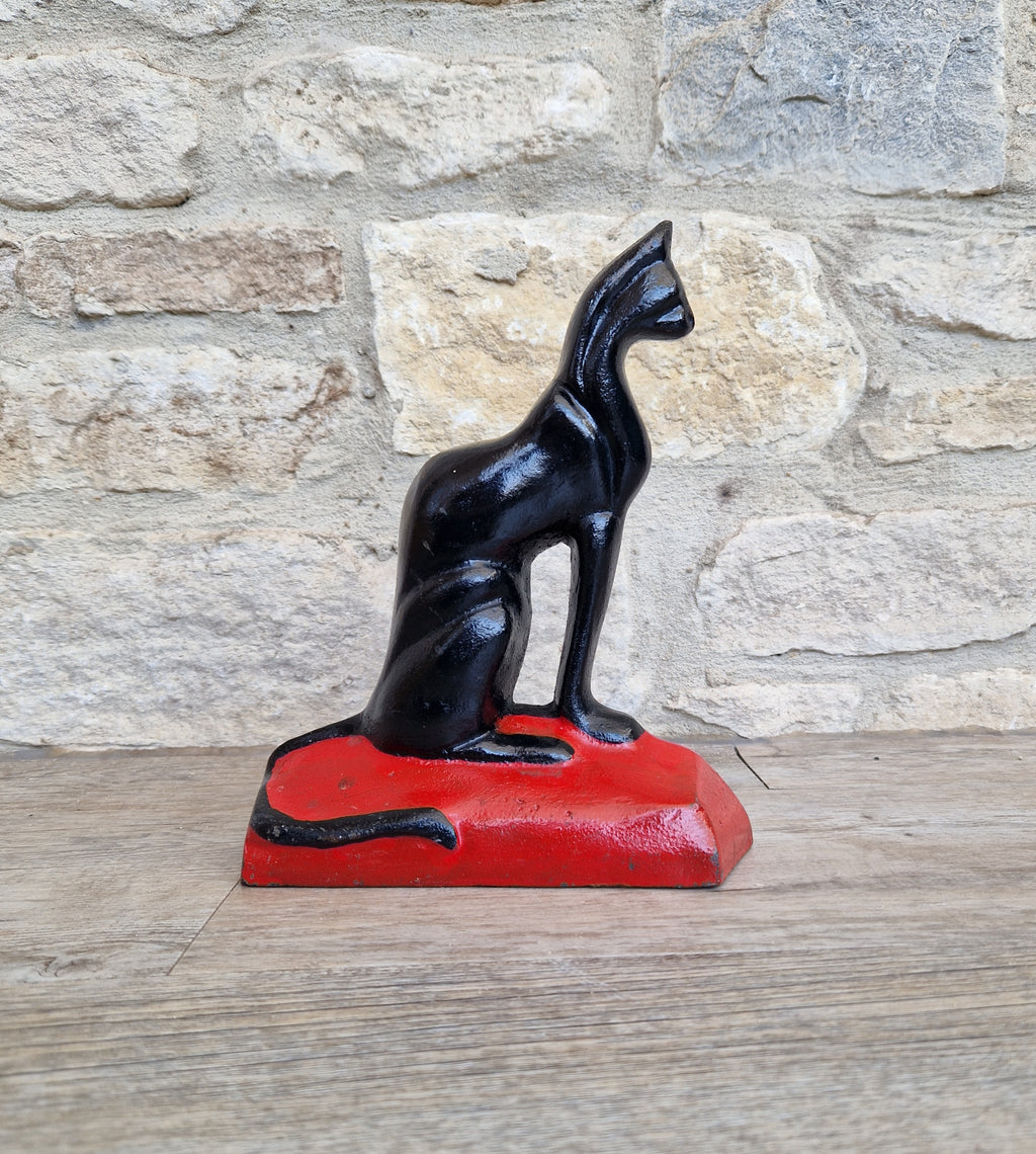Antique Rare Cast Iron Art Deco Black Sitting Cat Doorstop