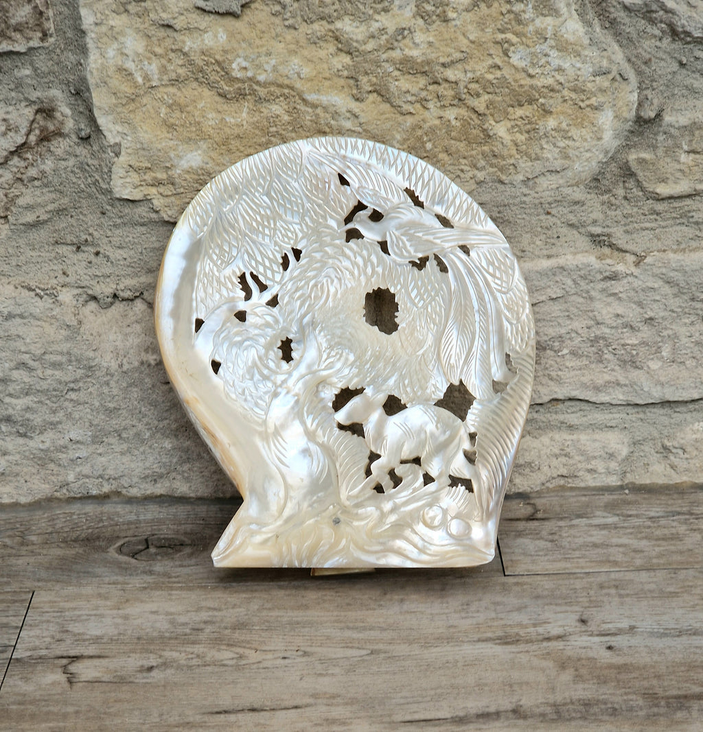 Vintage Chinese Carved Large Mother Of Pearl Shell Animal Birds Forest Scene