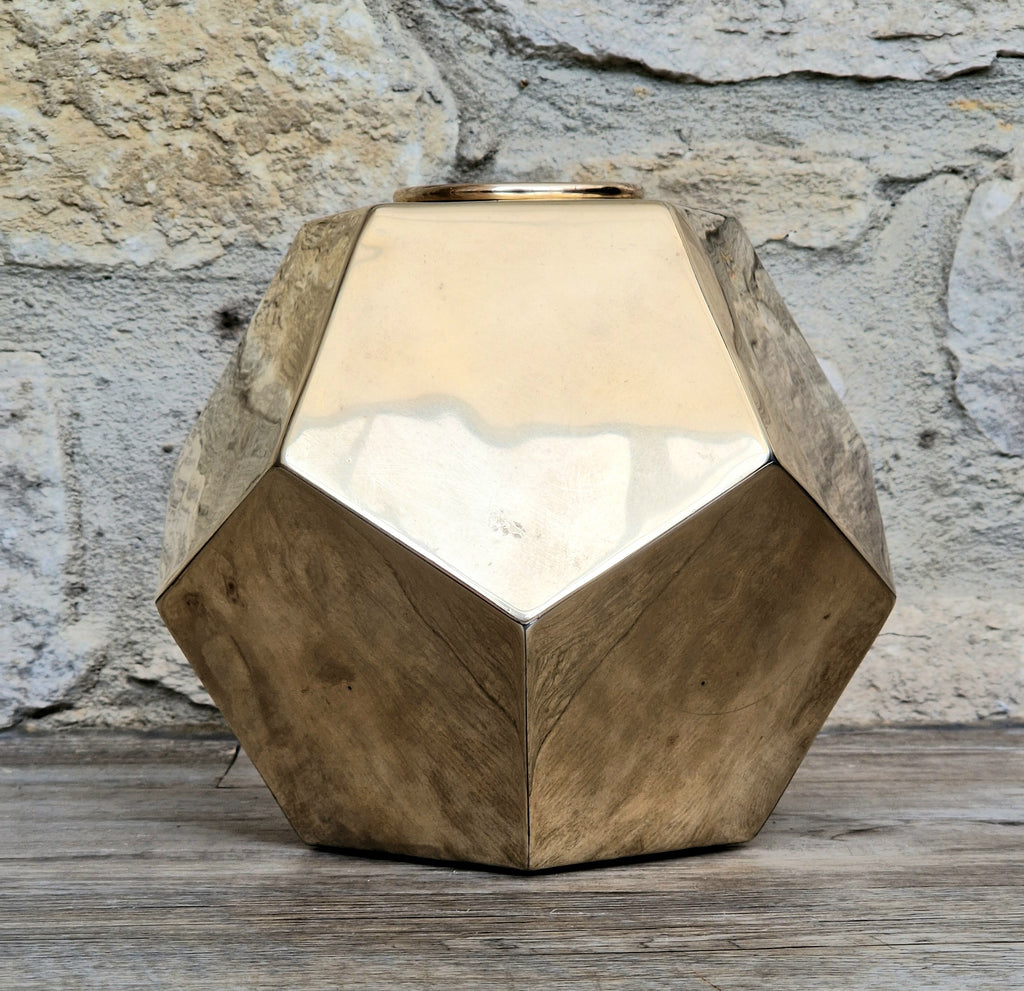 Antique Geometric Brass Dodecahedron Vase Secessionist Jugendstil Planter With Copper Removable Insert Liner