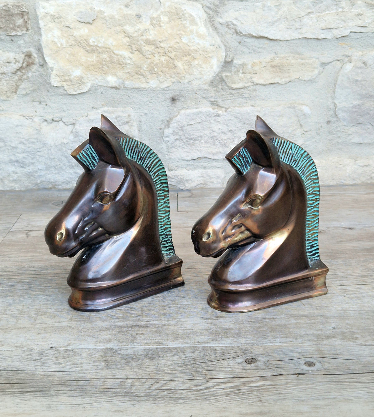 Vintage Brass Horse Head Bookends Mid Century Modern Equine Office Decor Patina Pair