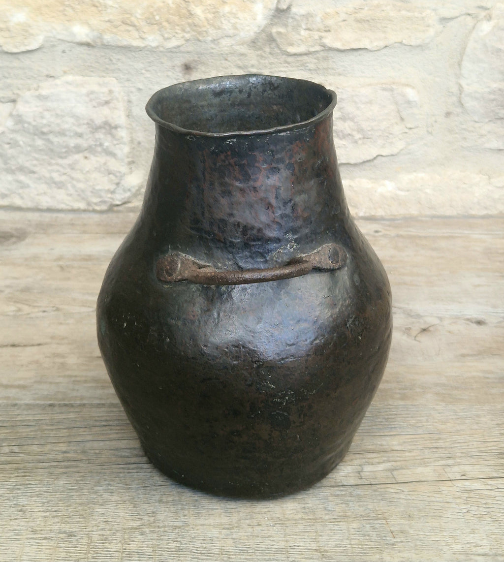 18th Century Hammered Bronze Cauldron Pot Wrought Iron Handles Historic Repair Antique Kitchenalia Vessel