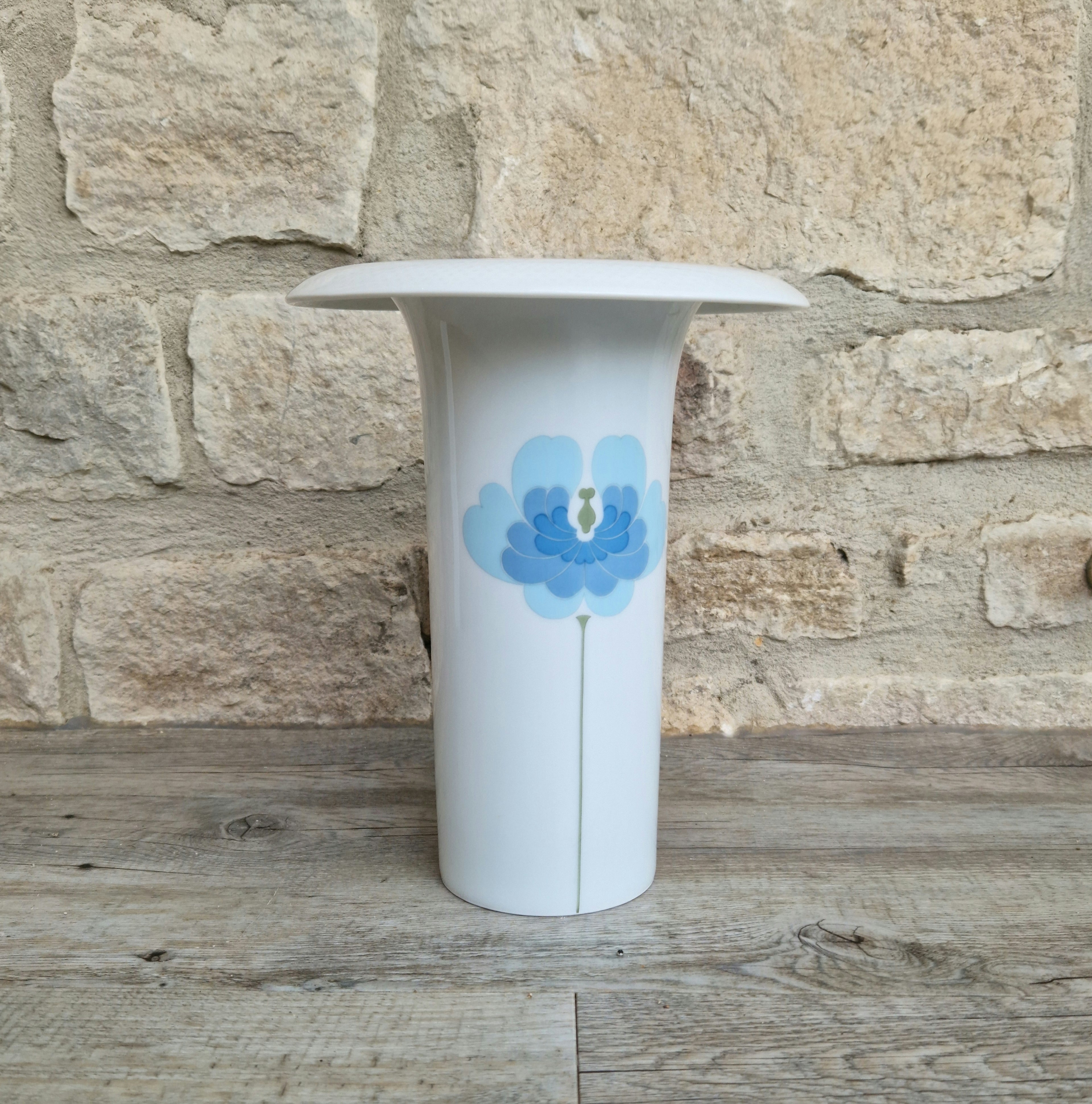 Vintage Rosenthal Studio Line Vase: Tapio Wirkkala White Porcelain with Blue Flower