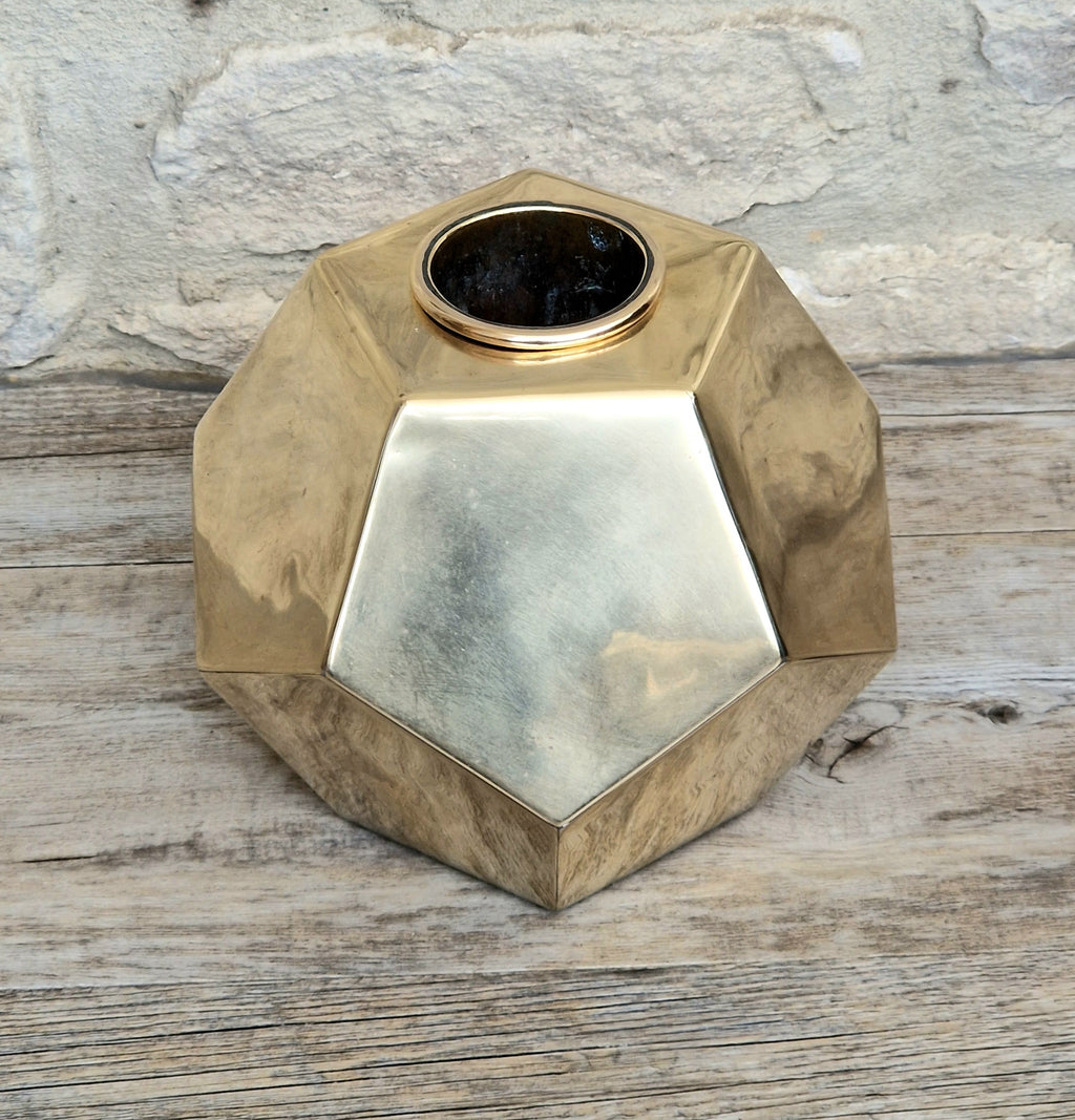 Antique Geometric Brass Dodecahedron Vase Secessionist Jugendstil Planter With Copper Removable Insert Liner