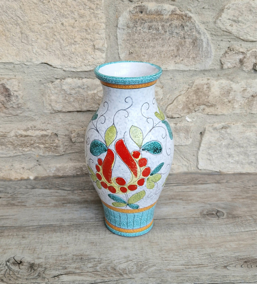 Vintage Large Italian Ceramic Floral Majolica Vase Sgraffito Technique Fratelli Fanciullacci 26cm Tall