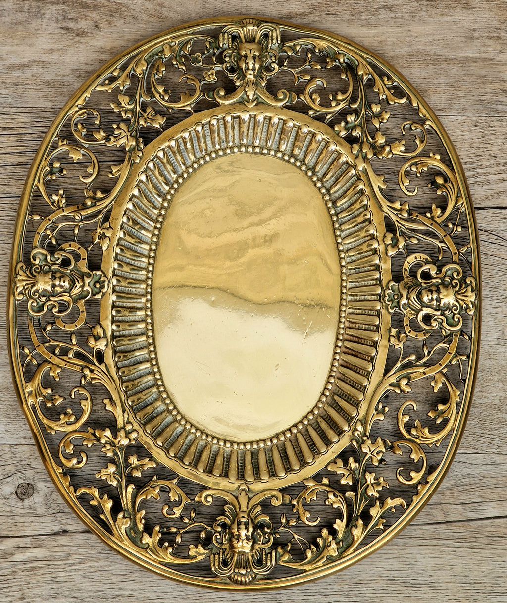 Antique 19thC Baroque Cast Brass Architectural Mount Appliqué Ornate Mascaron Filigree Vanity Card Tray Plate Hand-Tooled Pattern 1018