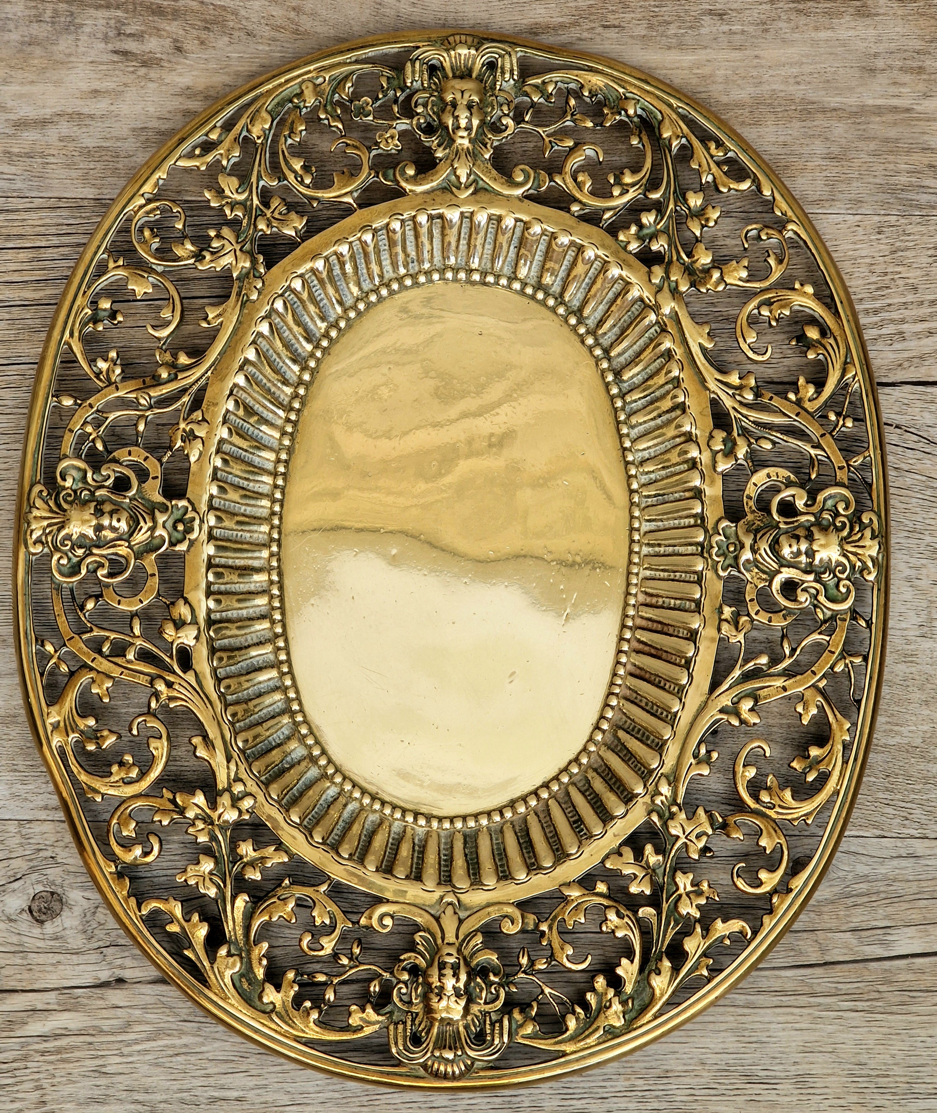 Antique 19thC Baroque Cast Brass Architectural Mount Appliqué Ornate Mascaron Filigree Vanity Card Tray Plate Hand-Tooled Pattern 1018
