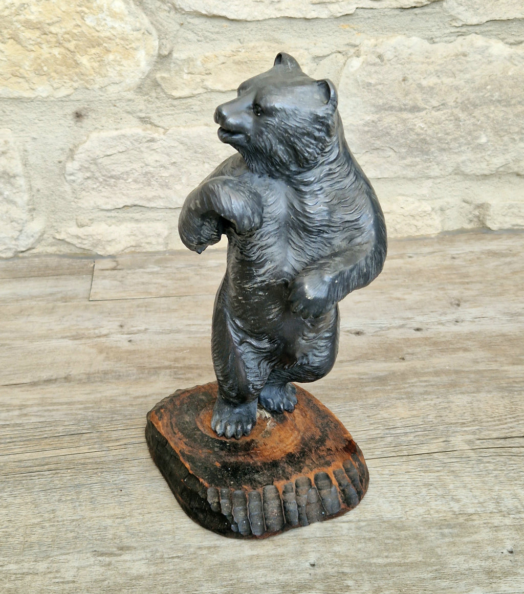 Cast Spelter Standing Bear Sculpture On Rustic Wood Base Rare Antique Art Deco