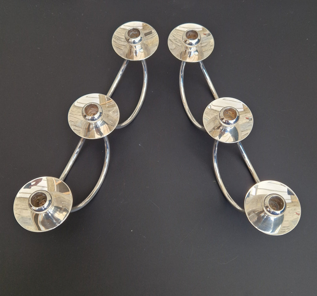 1960's Berg 'Selandia' Danish 3 Branch Minimalist Candelabra Candle Holders x 2