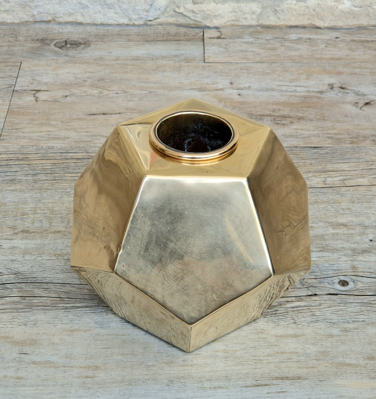 Antique Geometric Brass Dodecahedron Vase Secessionist Jugendstil Planter With Copper Removable Insert Liner