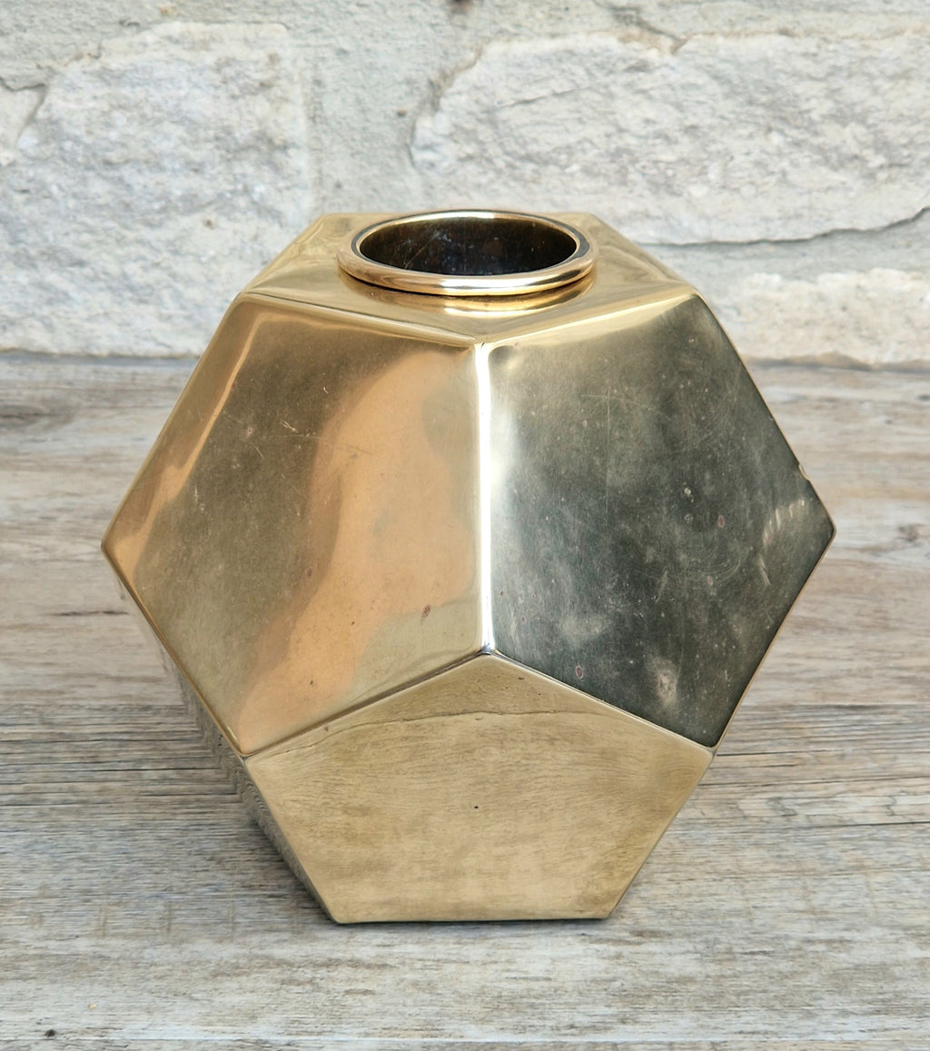 Antique Geometric Brass Dodecahedron Vase Secessionist Jugendstil Planter With Copper Removable Insert Liner