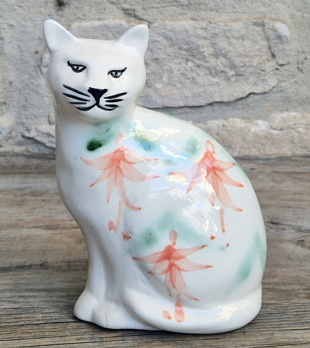 Vintage Moorland Pottery Seated Cat Figurine Hand Painted Fuchsia Floral Staffordshire Art Pottery