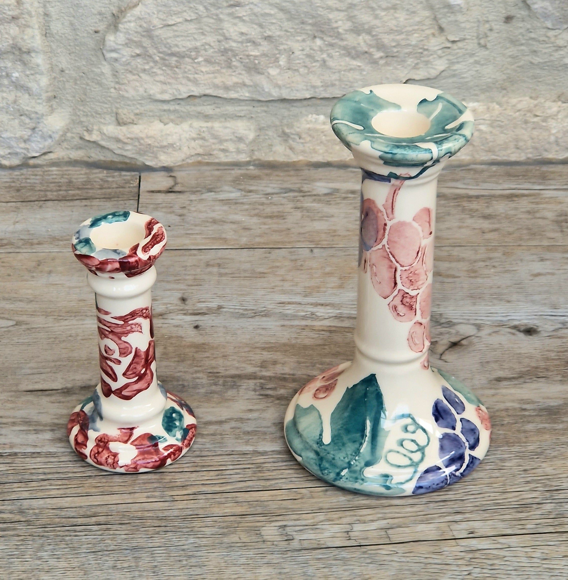 2 x Emma Bridgewater Spongeware Grapes & Roses Candle Sticks Candle Holders Vintage Early