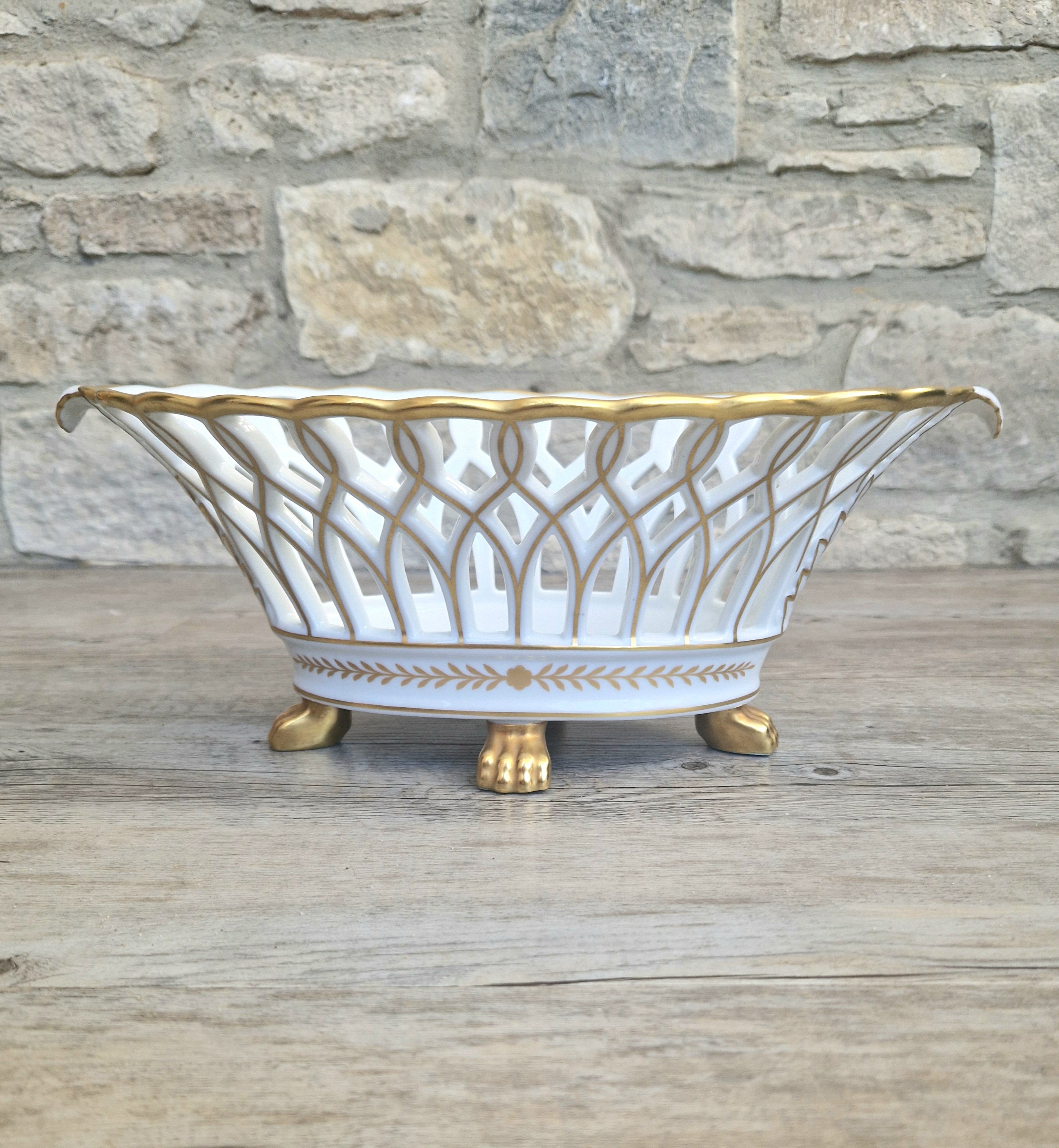 Large Vista Alegre Reticulated White & Gold Ceramic Basket Fruit Bowl Old Paris Style