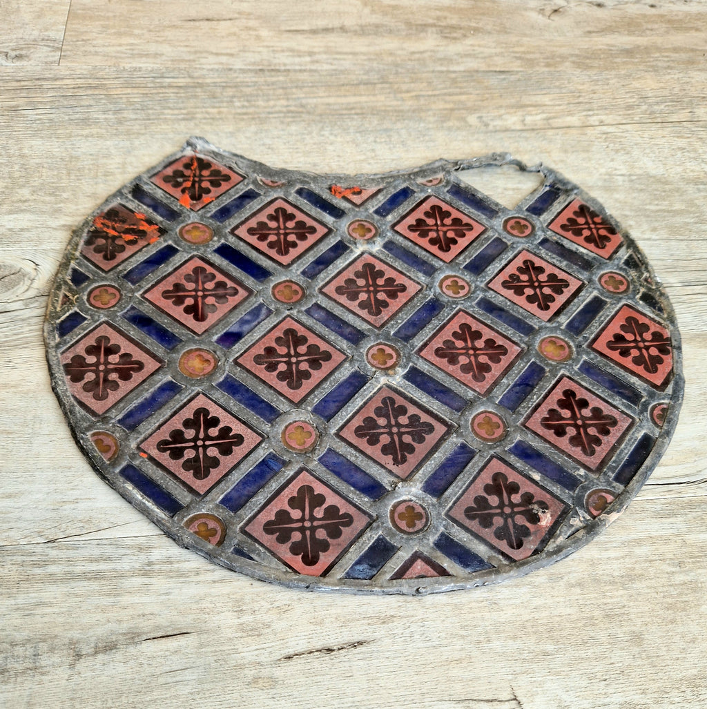 Rare Antique Early 19th Century French Gothic Revival Stained Glass Roundel Panel - Medieval Style Diaper Pattern