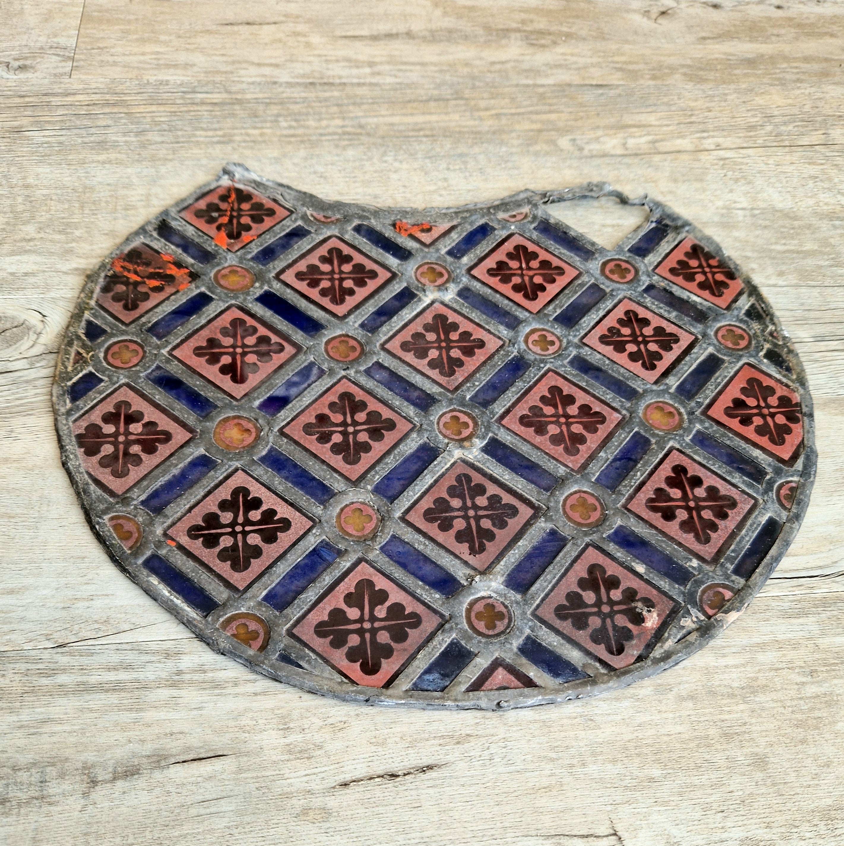 Rare Antique Early 19th Century French Gothic Revival Stained Glass Roundel Panel - Medieval Style Diaper Pattern
