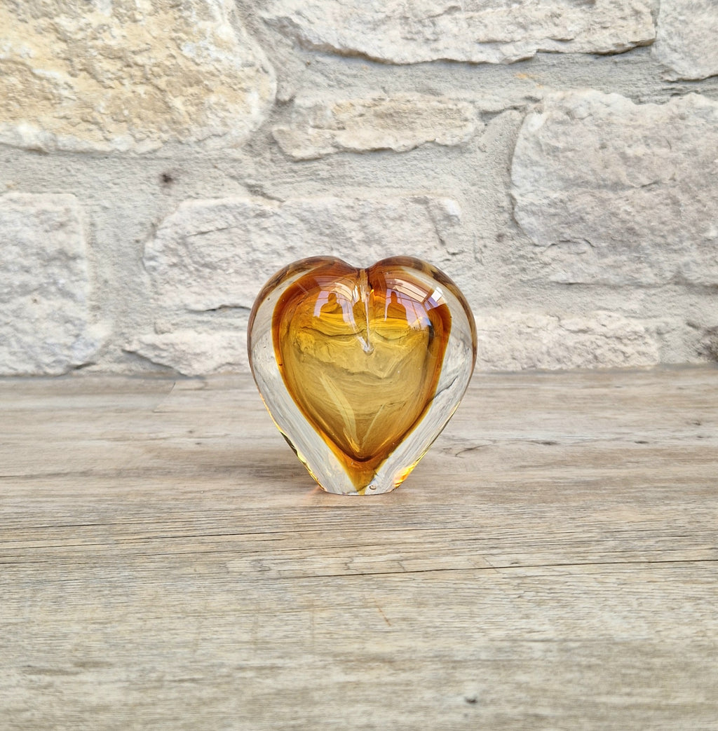 Vintage Mid Century Murano Sommerso Amber Art Glass Heart Vase Paperweight Seguso Sculptural Decor