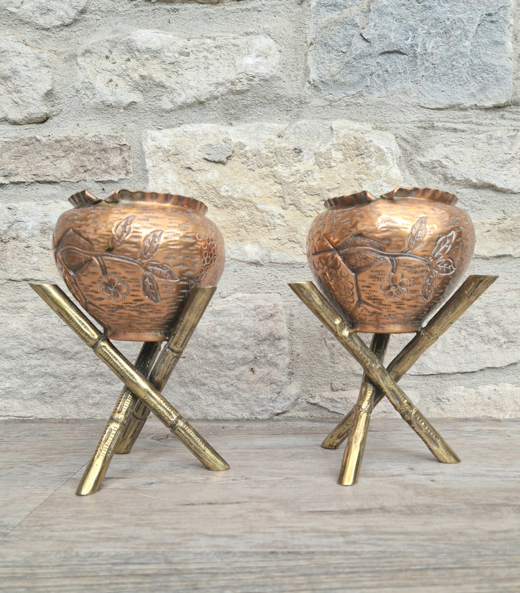 Pair of Antique Japanese Aesthetic Movement Arts & Crafts Copper And Brass Faux Bois Jardinieres
