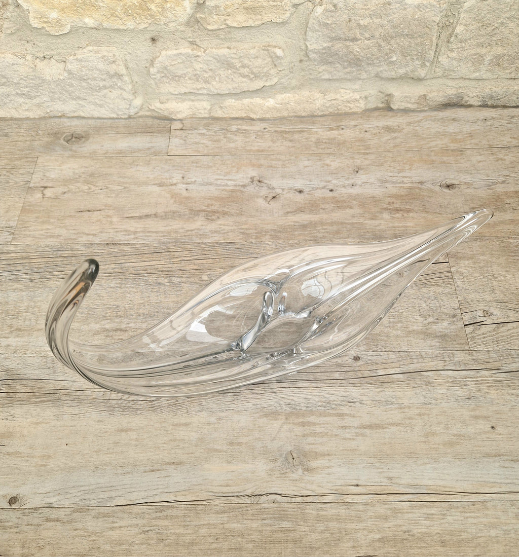 Vintage Art Vannes France Signed Lead Crystal Centerpiece | 1950s Mid Century Modern Biomorphic Freeform Sculptural Glass Bowl