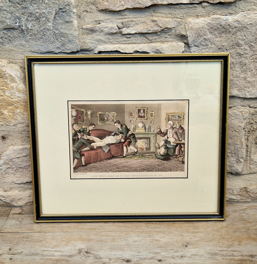 Thomas Rowlandson Lithograph Print 'Quae Genus turned out of a house which he mistakes for his own' Framed Wall Art