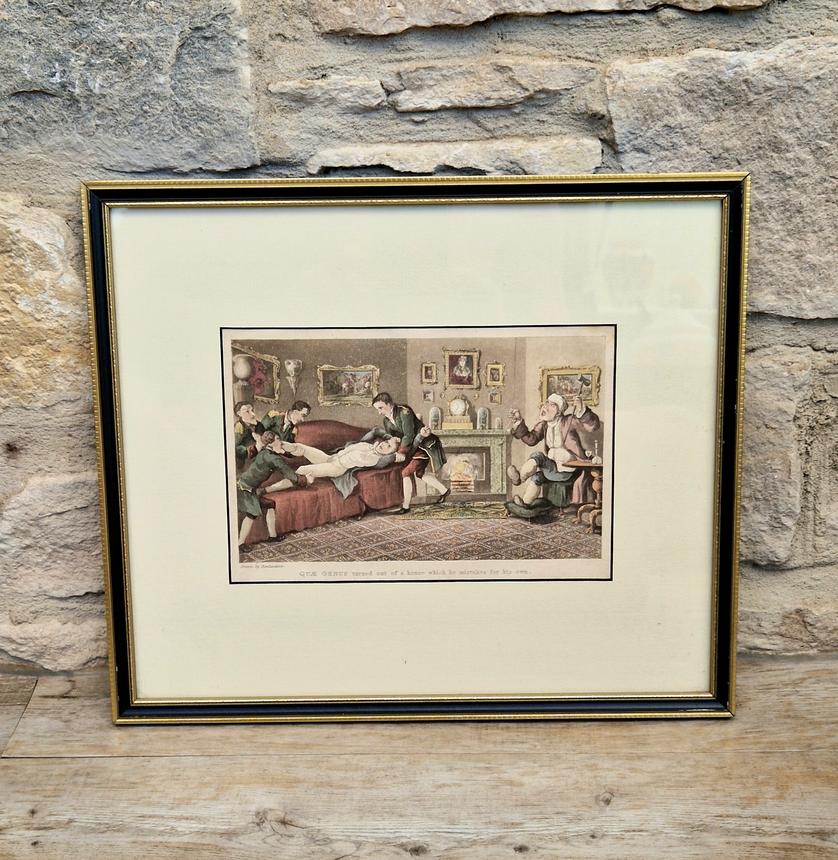Thomas Rowlandson Lithograph Print 'Quae Genus turned out of a house which he mistakes for his own' Framed Wall Art
