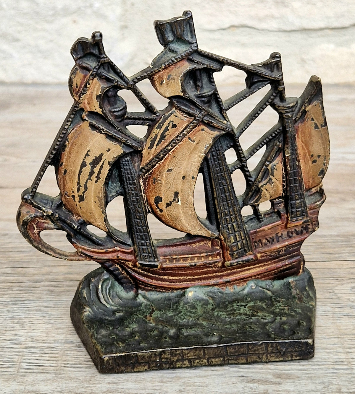 1920s Antique Sand Cast Bronze Mayflower Ship Bookend Paperweight Pattern 110 Original Paint
