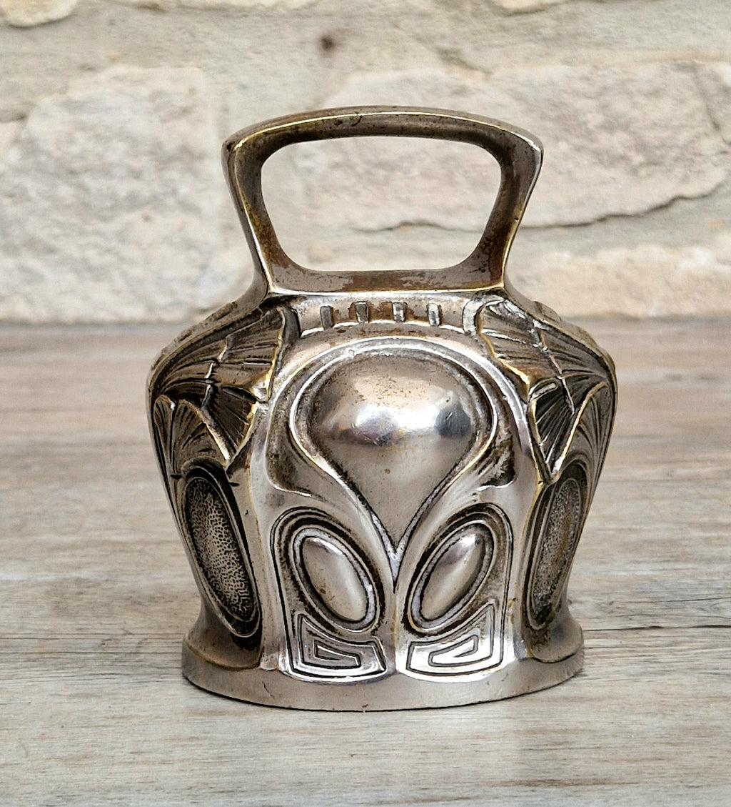 Antique Art Nouveau Silvered Bronze Large Ornate Decorated Table Bell