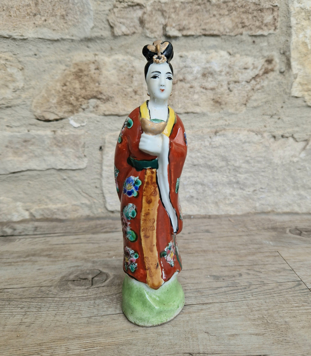 Antique Chinese Qing Hand-Painted Porcelain Figurine Statue Ho Hsien-Ku Daoist Immortal Maiden