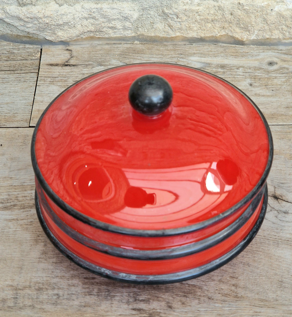 Art Deco Bohemian Red Black Hooped Glass Powder Box Covered Vanity Jar Jar Lid 12cm