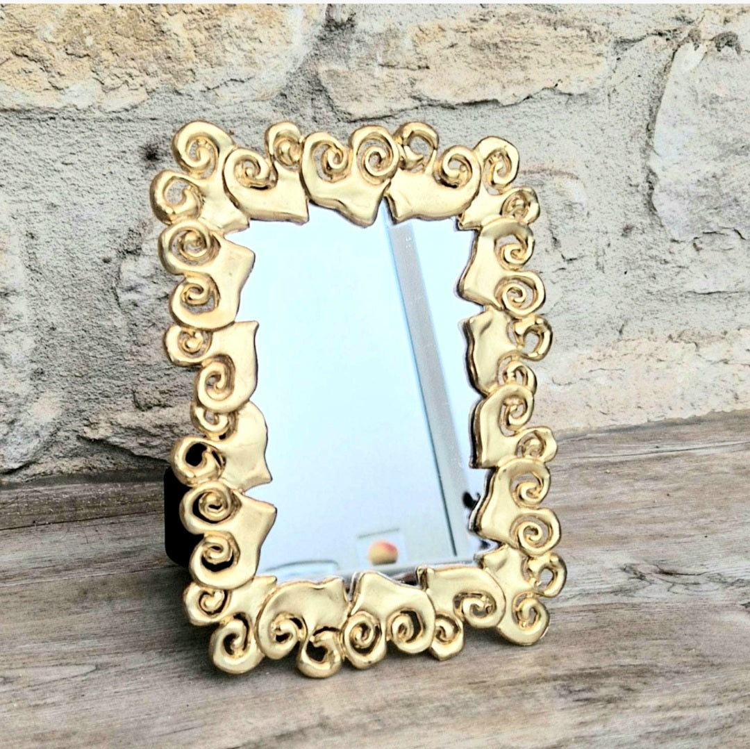 Vintage Ornate Gold Heart Stand Up Mirror, Metal Frame Vanity Decor, Avant Garde 16x12cm