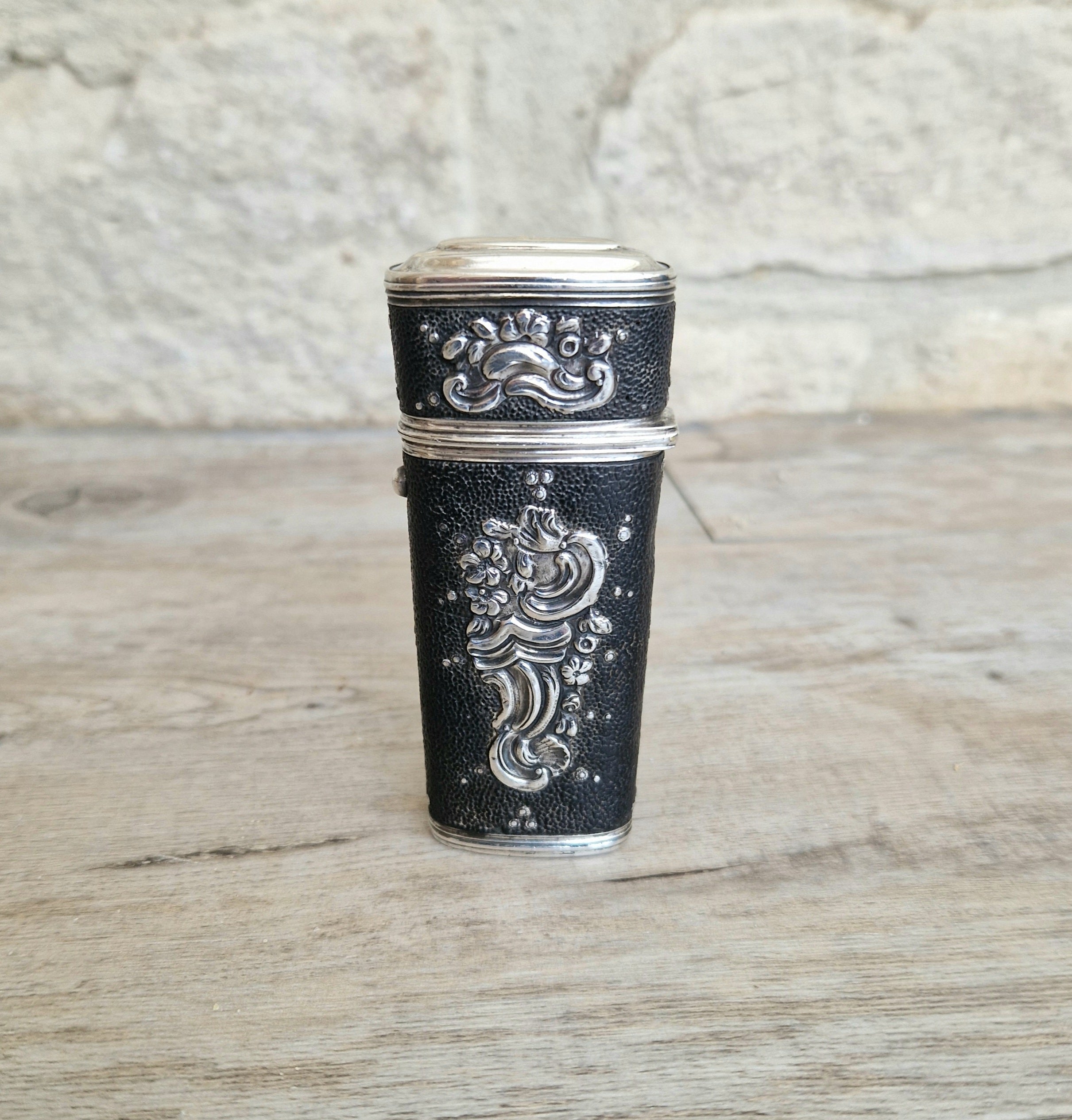 18th Century Etui French Black Shagreen & Silver Necessaire Case Rare Early Example